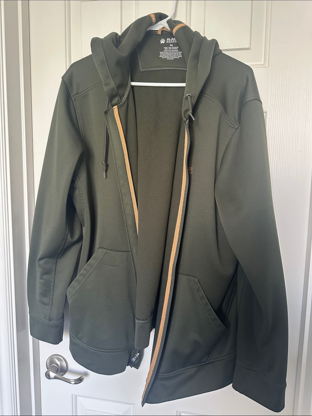 Duluth Trading Co Olive Green Hooded Shirt Jacket with Tan Trim